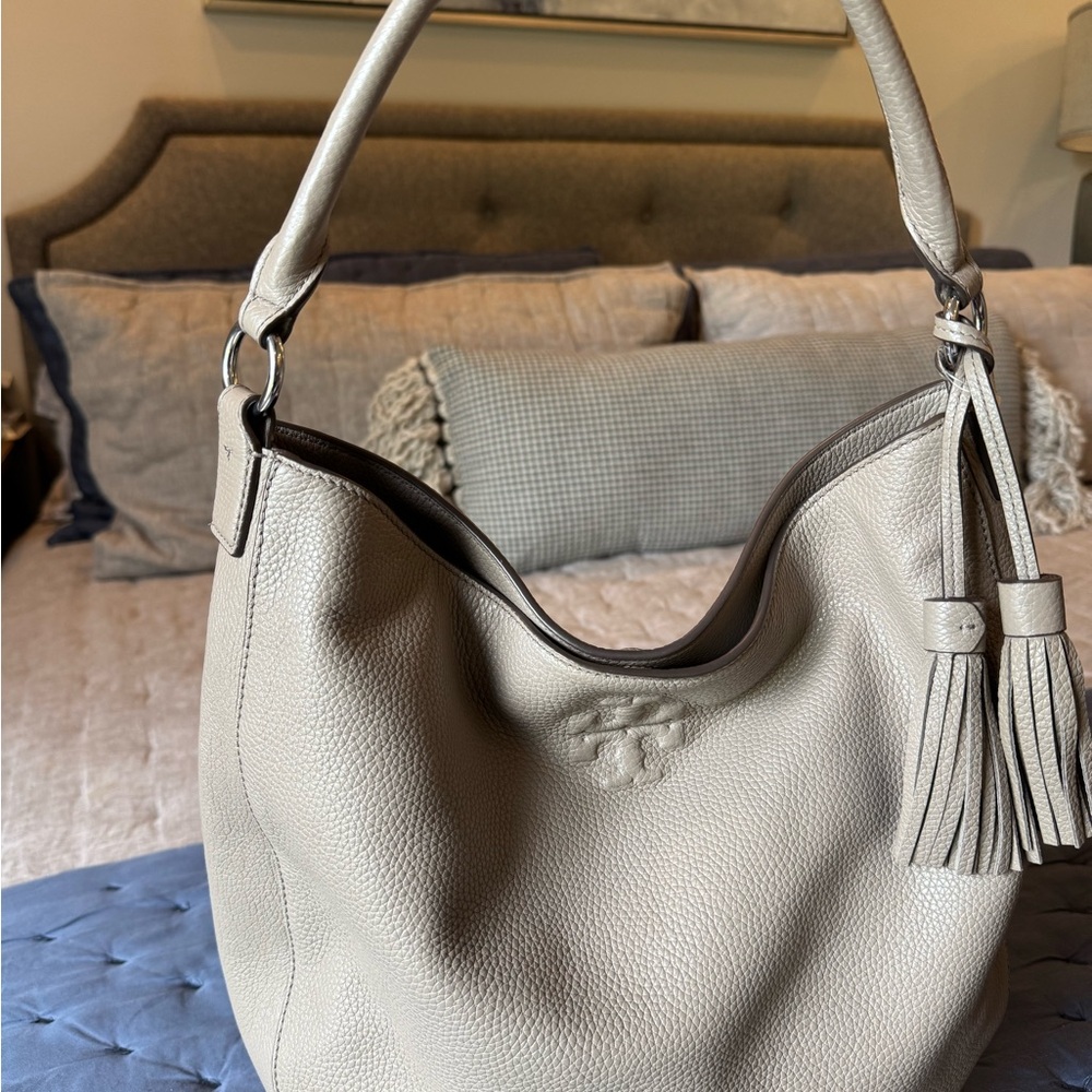 Tory Burch Gray Leather Thea Bucket Hobo Bag